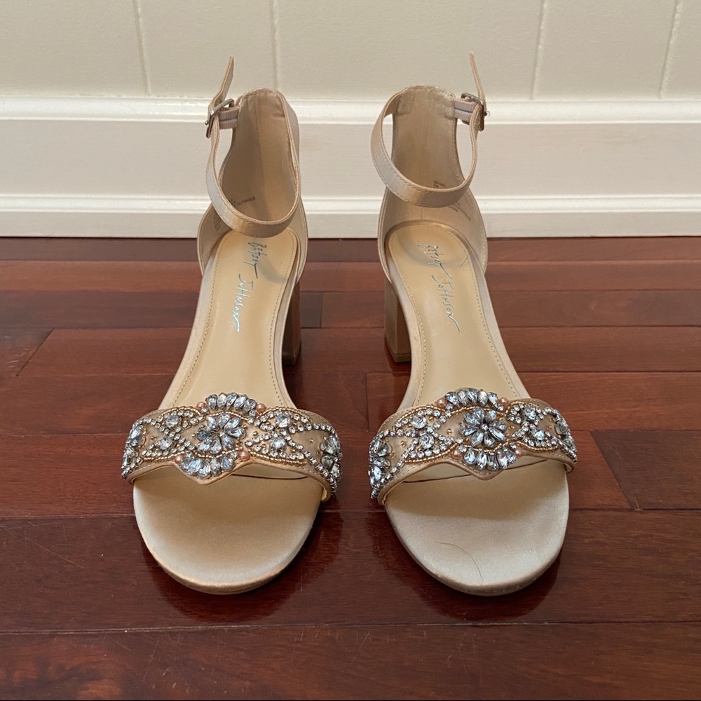 Betsey Johnson gold nude wedge heels with rhinestones